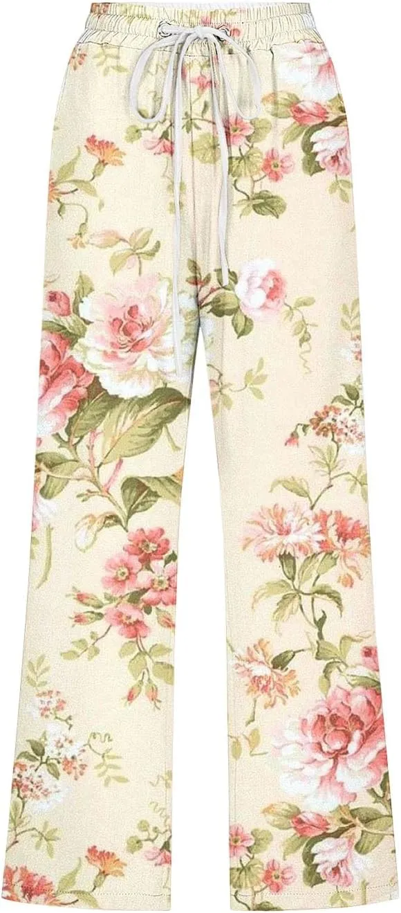Womens Boho Floral Print Pants Casual Loose Fit Drawstring High Waist Capris Straight Leg Beach Cropped Trousers