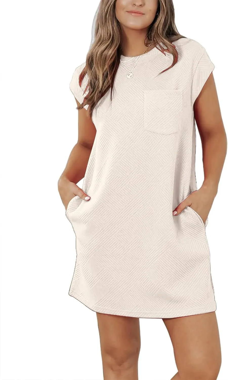 Womens Casual Crewneck Cap Sleeve Textured Mini Tshirt Shift Dress with Pockets