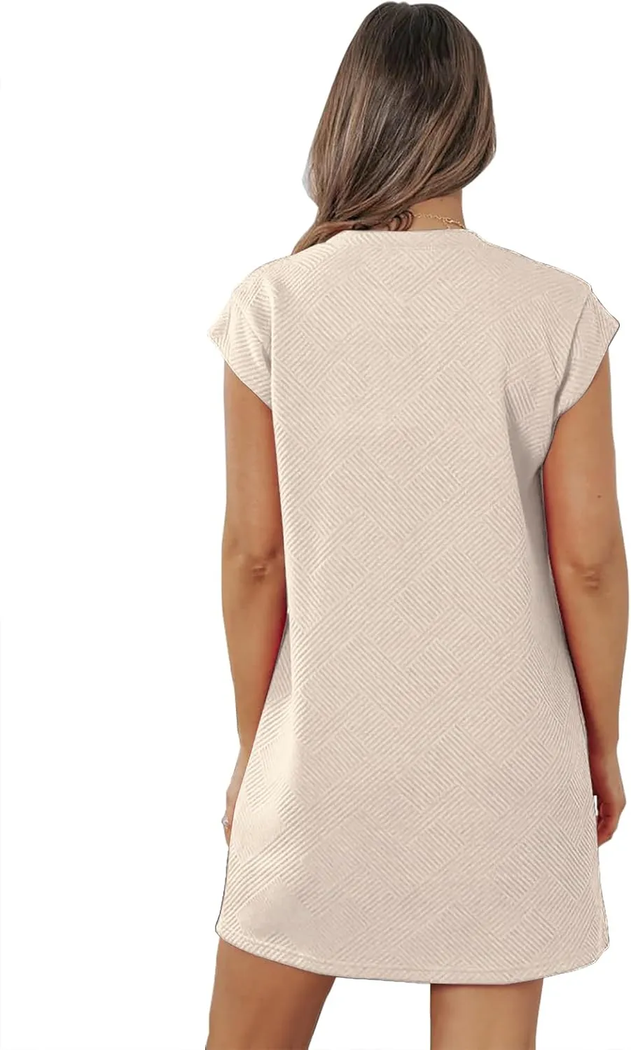 Womens Casual Crewneck Cap Sleeve Textured Mini Tshirt Shift Dress with Pockets