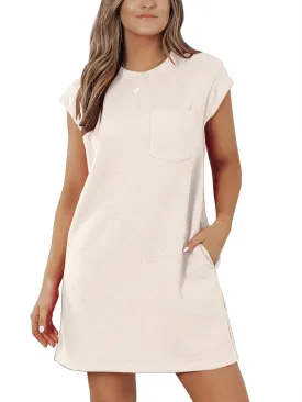 Womens Casual Crewneck Cap Sleeve Textured Mini Tshirt Shift Dress with Pockets