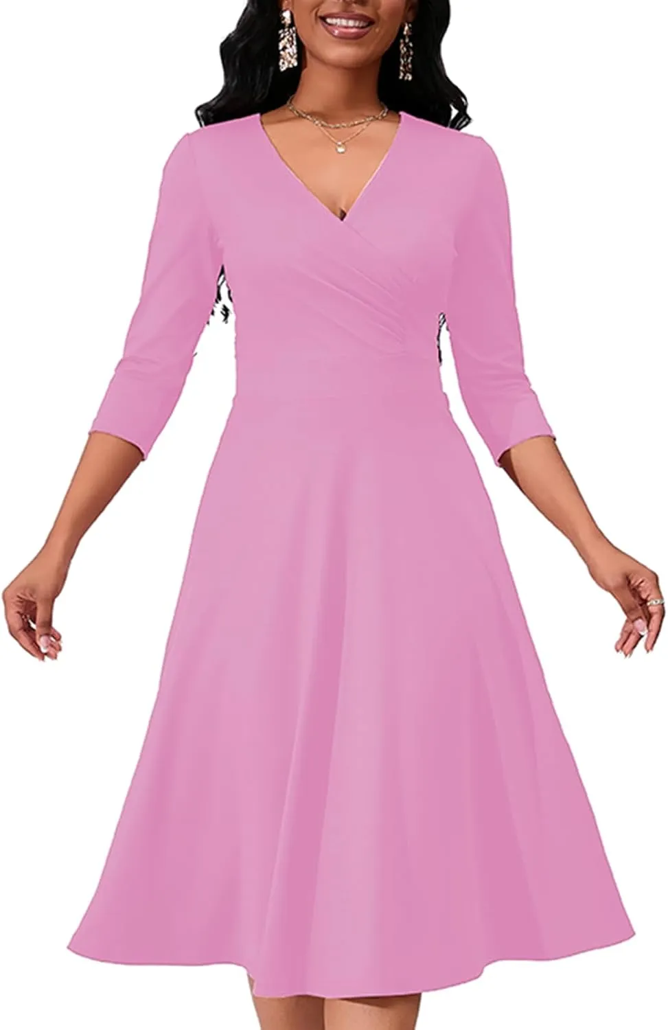 Women's Casual Wrap Flared Midi Dress - A-Line Swing V-Neck 3/4 Sleeve Dress for Wedding Guest & Cocktail Tea Party