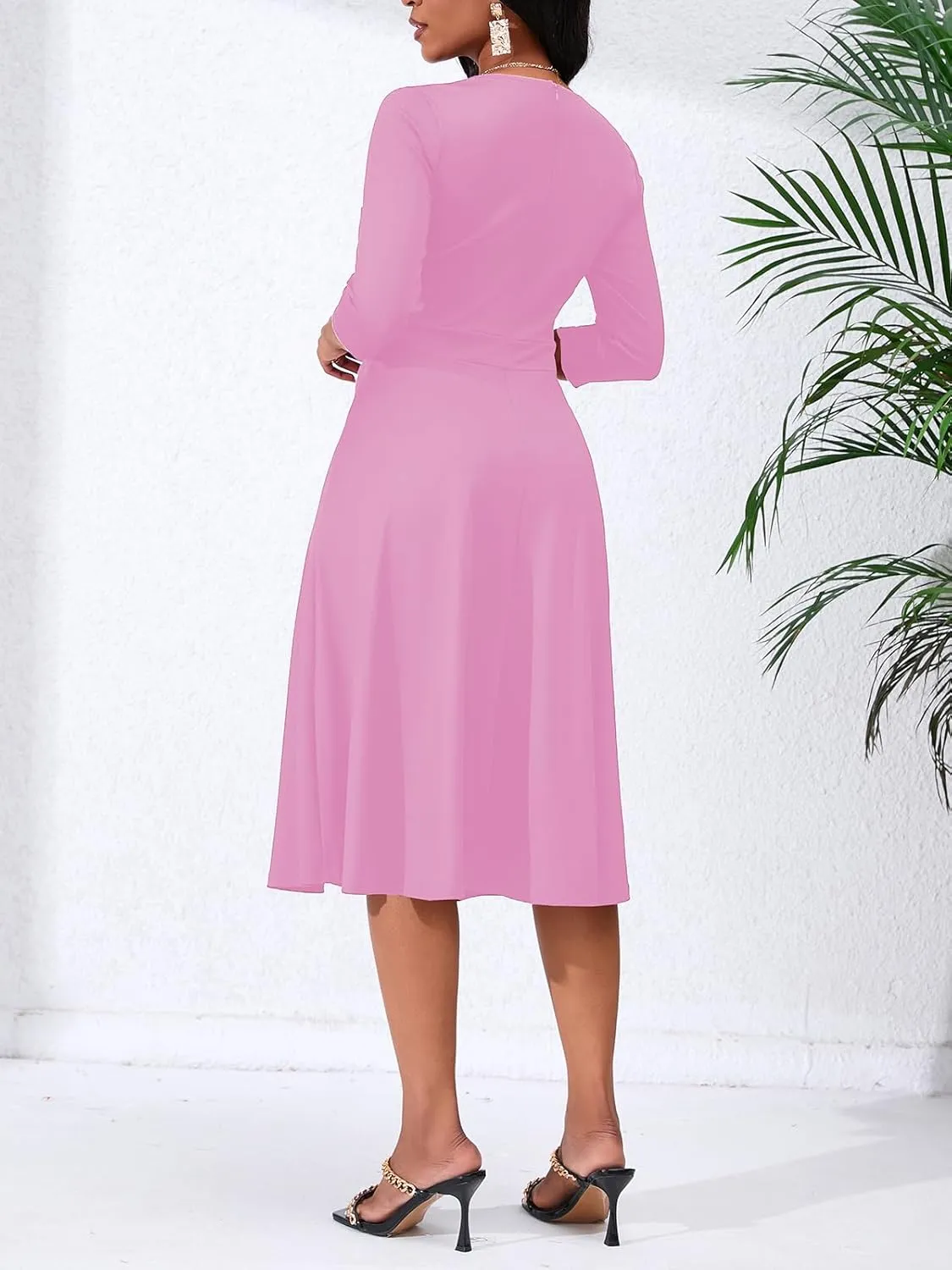 Women's Casual Wrap Flared Midi Dress - A-Line Swing V-Neck 3/4 Sleeve Dress for Wedding Guest & Cocktail Tea Party