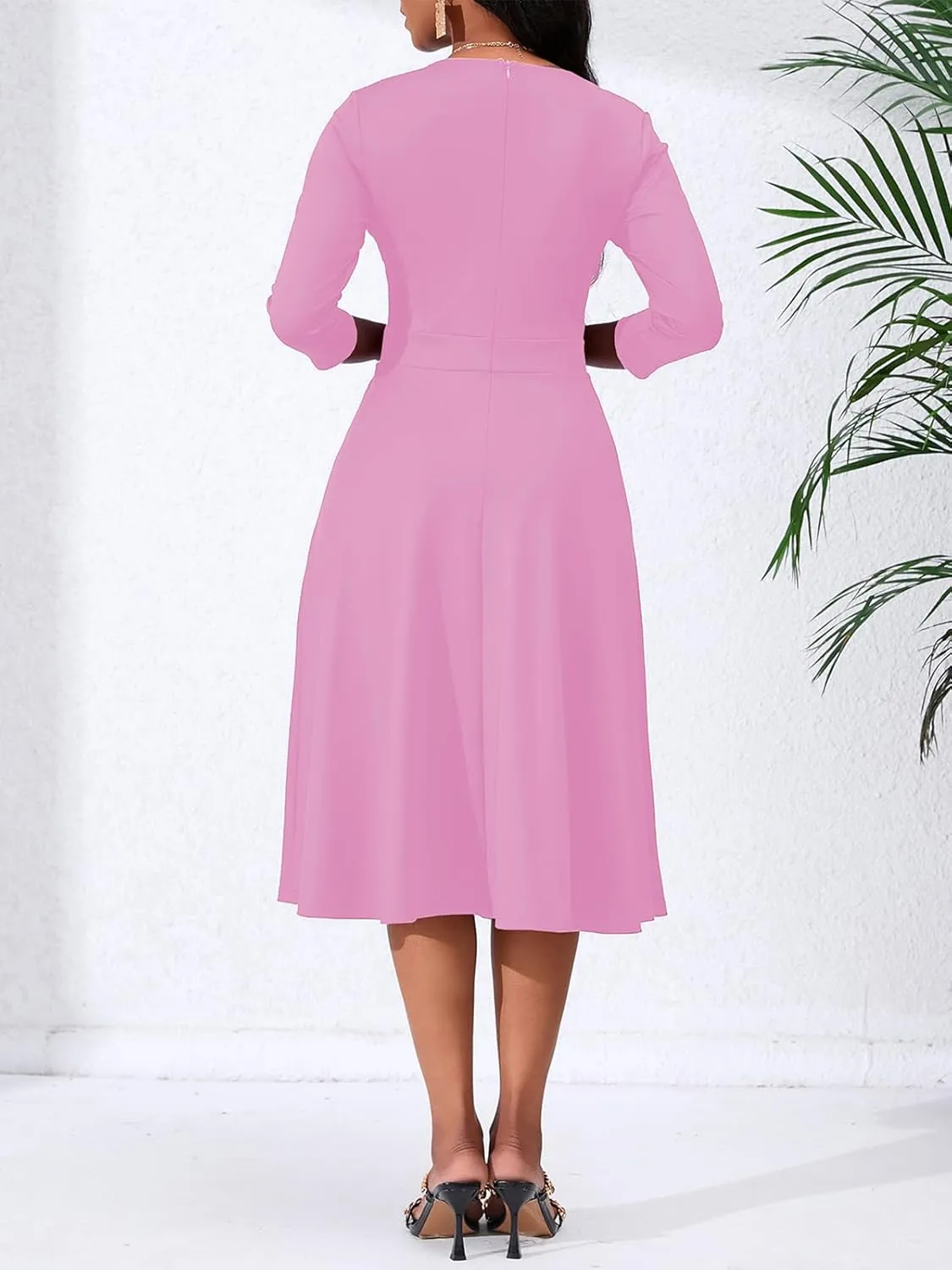 Women's Casual Wrap Flared Midi Dress - A-Line Swing V-Neck 3/4 Sleeve Dress for Wedding Guest & Cocktail Tea Party