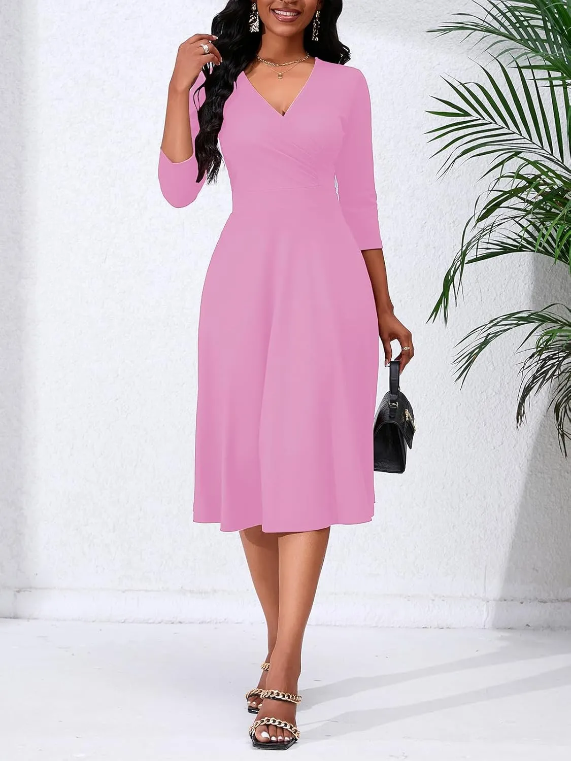 Women's Casual Wrap Flared Midi Dress - A-Line Swing V-Neck 3/4 Sleeve Dress for Wedding Guest & Cocktail Tea Party