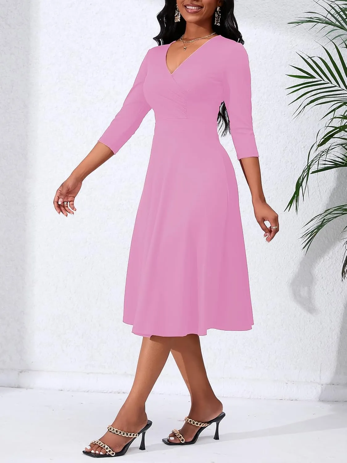 Women's Casual Wrap Flared Midi Dress - A-Line Swing V-Neck 3/4 Sleeve Dress for Wedding Guest & Cocktail Tea Party