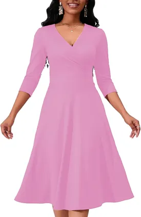 Women's Casual Wrap Flared Midi Dress - A-Line Swing V-Neck 3/4 Sleeve Dress for Wedding Guest & Cocktail Tea Party