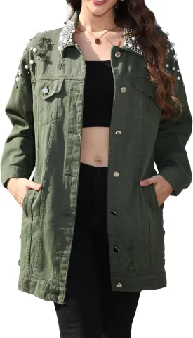 Women's Long Sleeve Button Down Pearl Jean Jacket Boyfriend Long Denim Coat