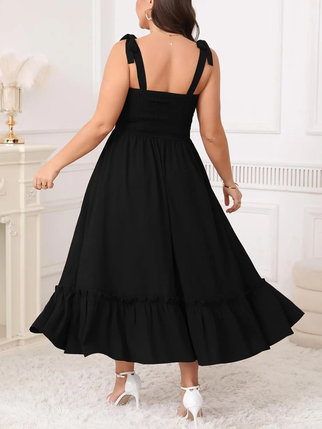Women's Plus Size Summer Maxi Dress Casual Boho Sleeveless Spaghetti Strap Smocked Tiered Long Beach Sun Dresses