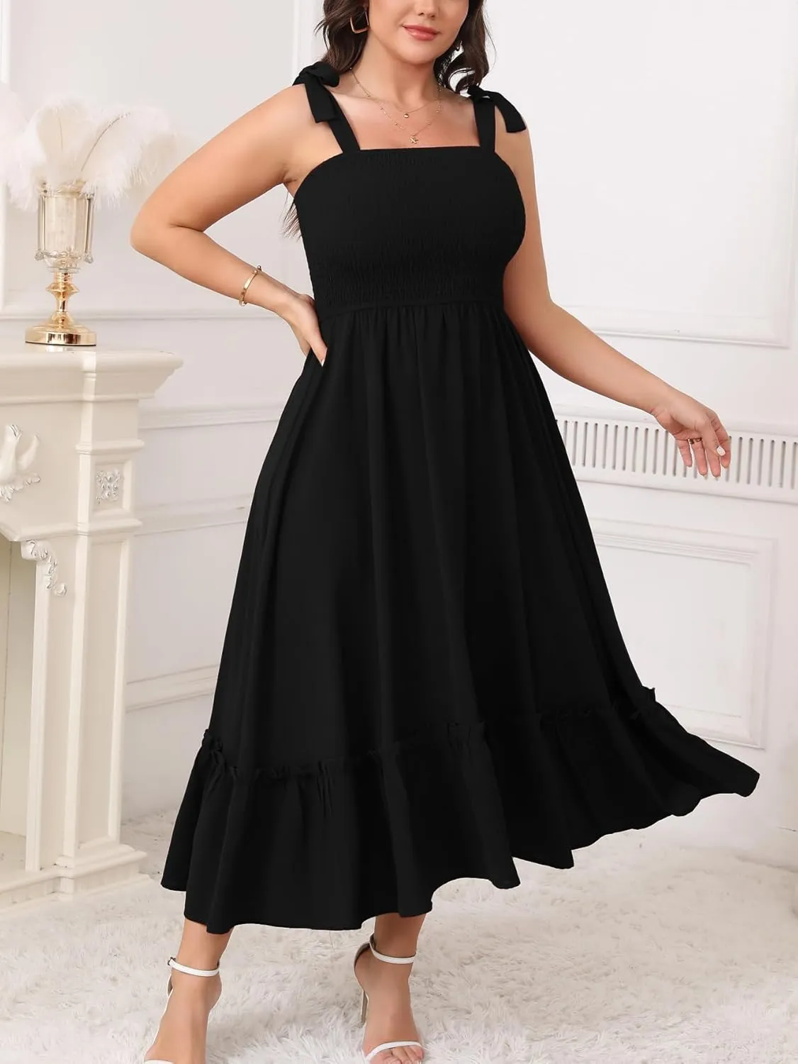 Women's Plus Size Summer Maxi Dress Casual Boho Sleeveless Spaghetti Strap Smocked Tiered Long Beach Sun Dresses