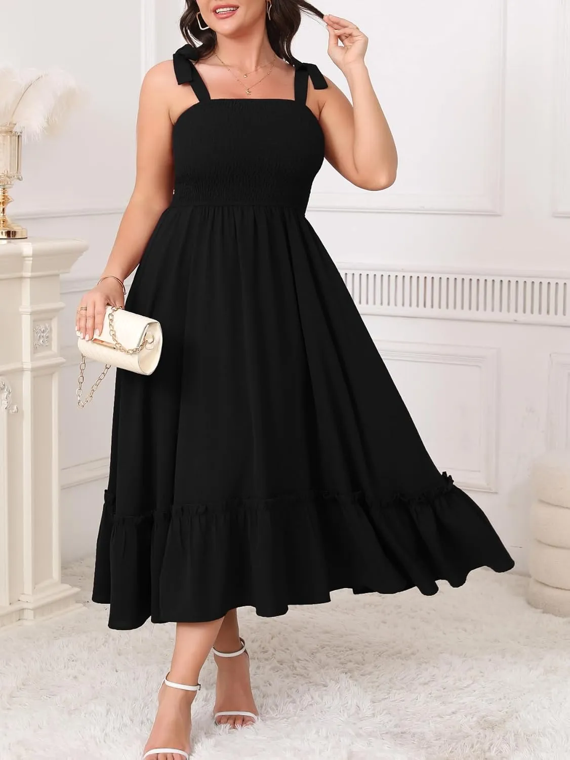 Women's Plus Size Summer Maxi Dress Casual Boho Sleeveless Spaghetti Strap Smocked Tiered Long Beach Sun Dresses