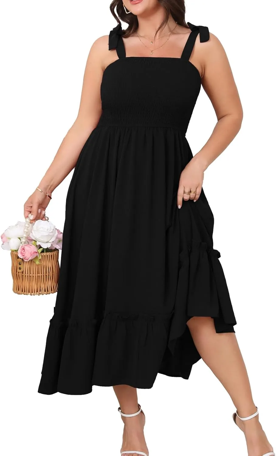 Women's Plus Size Summer Maxi Dress Casual Boho Sleeveless Spaghetti Strap Smocked Tiered Long Beach Sun Dresses