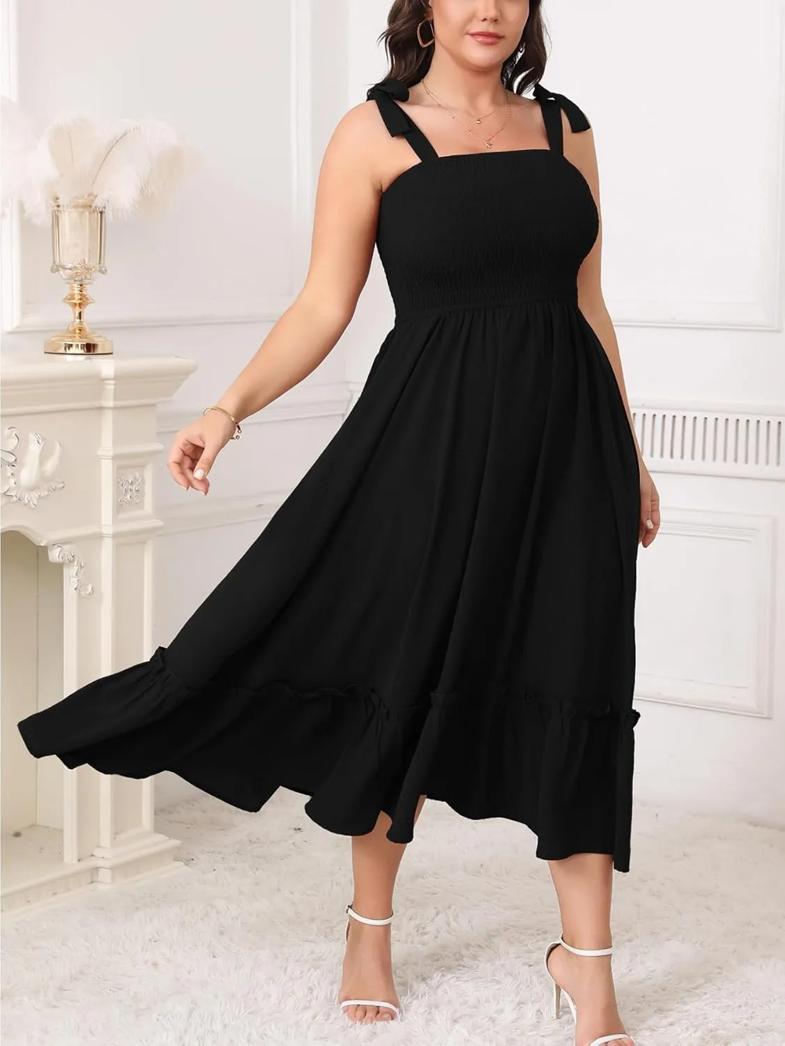 Women's Plus Size Summer Maxi Dress Casual Boho Sleeveless Spaghetti Strap Smocked Tiered Long Beach Sun Dresses