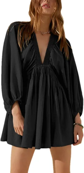 Women's Sexy Long Sleeve V Neck Tunic Dress Casual Loose Flowy Mini Swing Shift Dresses