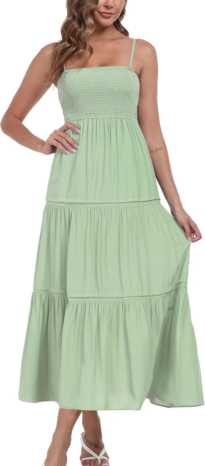 Women's Summer Maxi Dress Casual Boho Sleeveless Strapless Smocked Tiered Long Sun Dresses