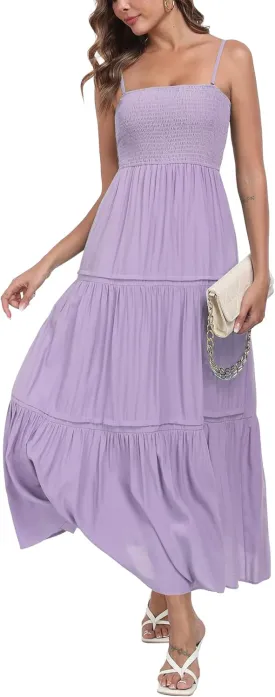 Women's Summer Maxi Dress Casual Boho Sleeveless Strapless Smocked Tiered Long Sun Dresses