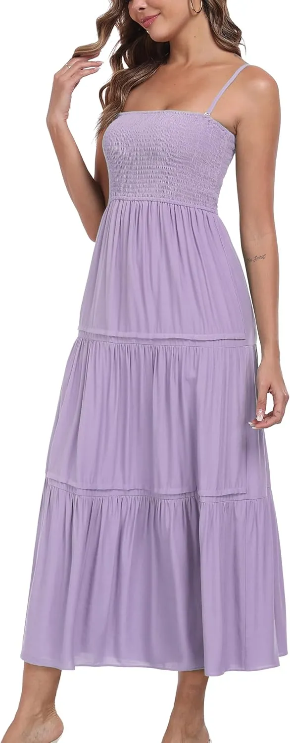 Women's Summer Maxi Dress Casual Boho Sleeveless Strapless Smocked Tiered Long Sun Dresses