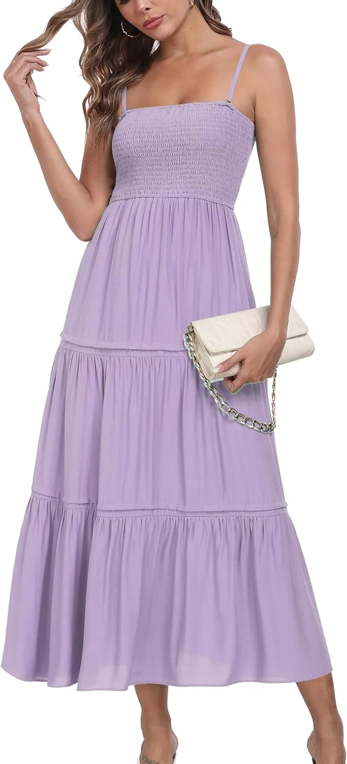 Women's Summer Maxi Dress Casual Boho Sleeveless Strapless Smocked Tiered Long Sun Dresses