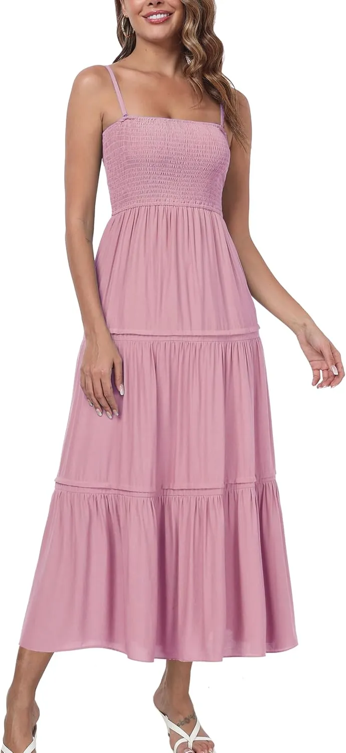 Women's Summer Maxi Dress Casual Boho Sleeveless Strapless Smocked Tiered Long Sun Dresses