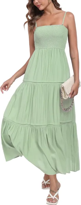 Women's Summer Maxi Dress Casual Boho Sleeveless Strapless Smocked Tiered Long Sun Dresses
