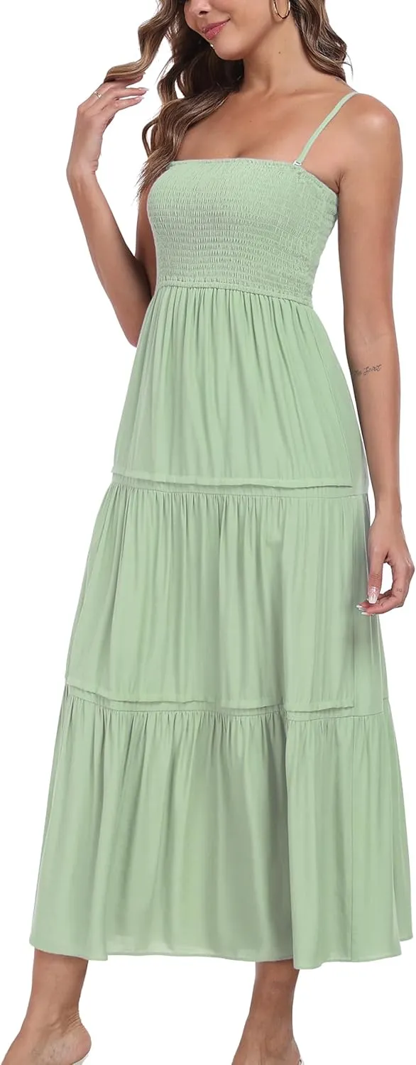Women's Summer Maxi Dress Casual Boho Sleeveless Strapless Smocked Tiered Long Sun Dresses