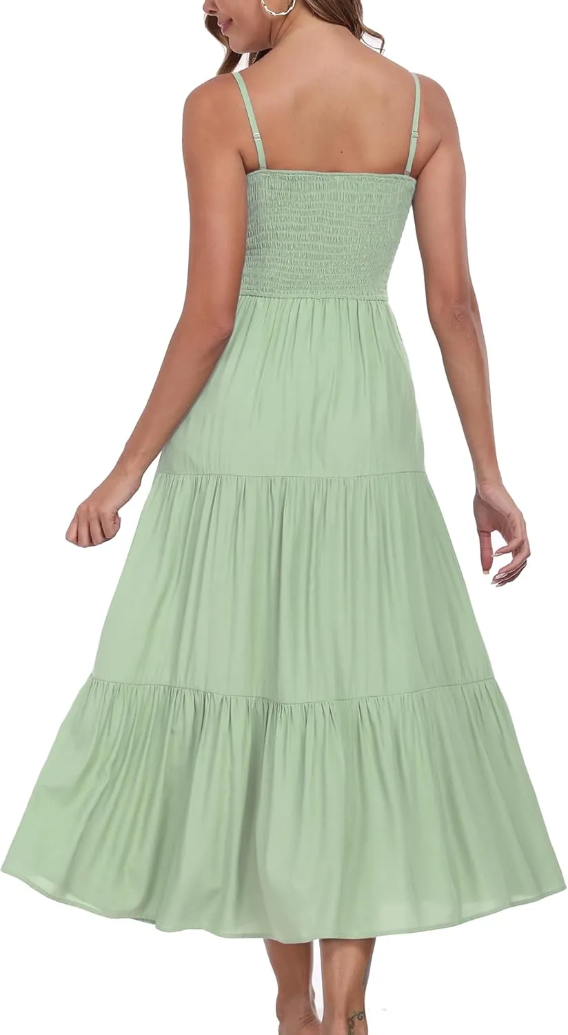 Women's Summer Maxi Dress Casual Boho Sleeveless Strapless Smocked Tiered Long Sun Dresses