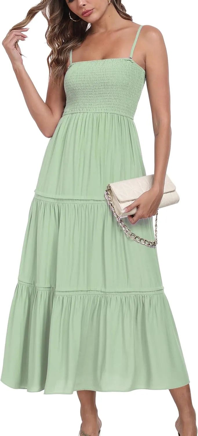 Women's Summer Maxi Dress Casual Boho Sleeveless Strapless Smocked Tiered Long Sun Dresses
