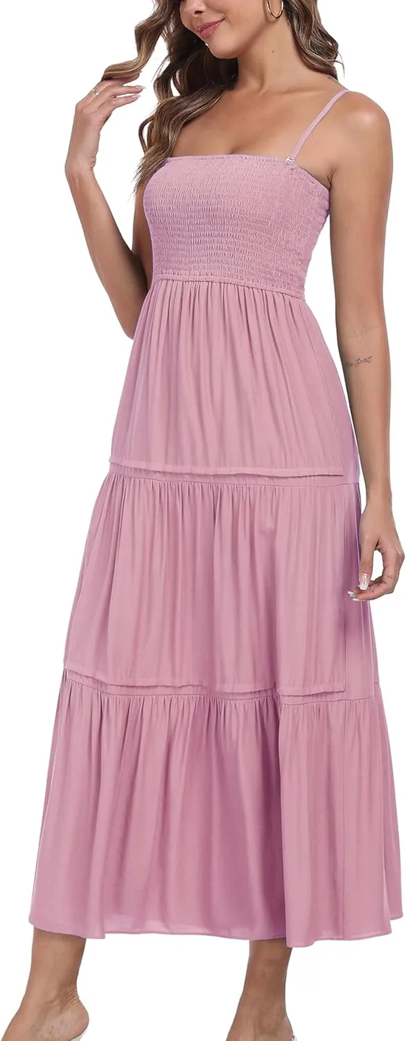Women's Summer Maxi Dress Casual Boho Sleeveless Strapless Smocked Tiered Long Sun Dresses