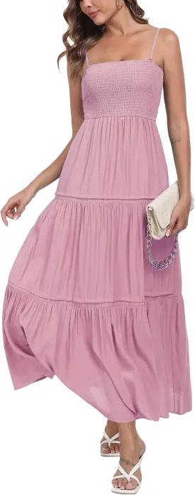 Women's Summer Maxi Dress Casual Boho Sleeveless Strapless Smocked Tiered Long Sun Dresses