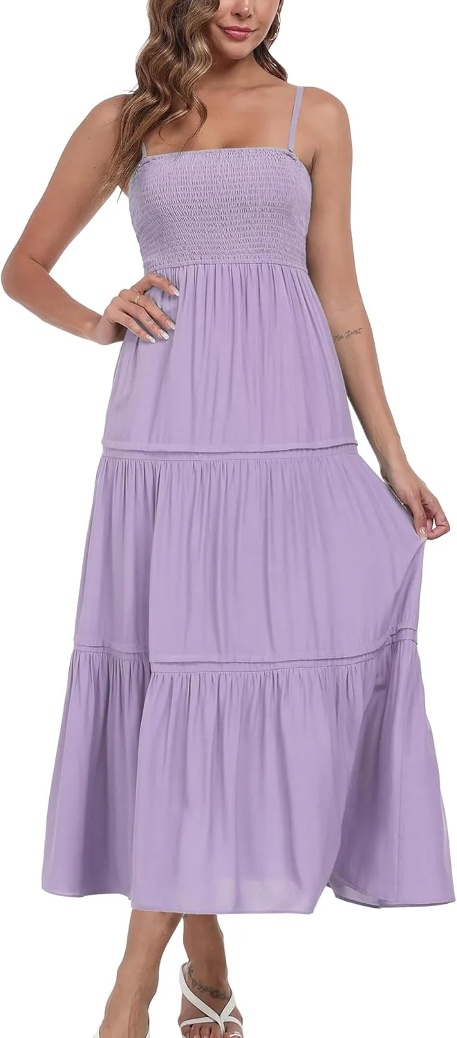 Women's Summer Maxi Dress Casual Boho Sleeveless Strapless Smocked Tiered Long Sun Dresses