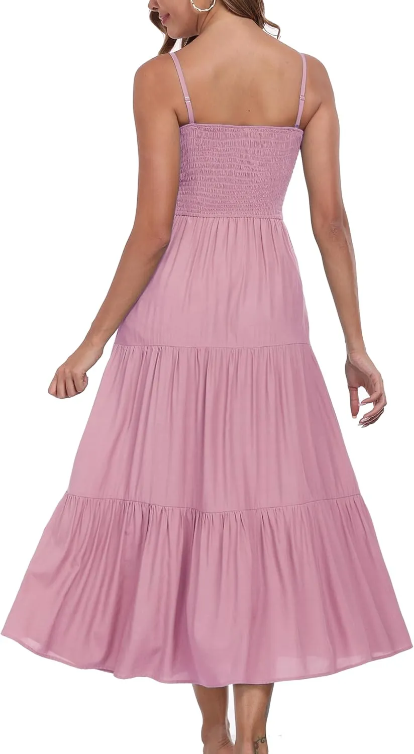 Women's Summer Maxi Dress Casual Boho Sleeveless Strapless Smocked Tiered Long Sun Dresses