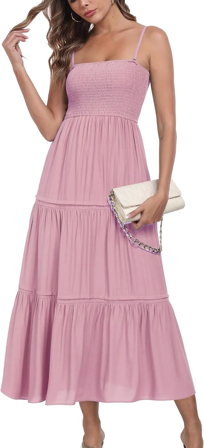 Women's Summer Maxi Dress Casual Boho Sleeveless Strapless Smocked Tiered Long Sun Dresses