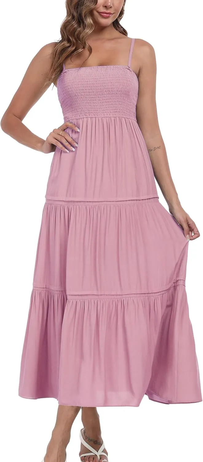 Women's Summer Maxi Dress Casual Boho Sleeveless Strapless Smocked Tiered Long Sun Dresses
