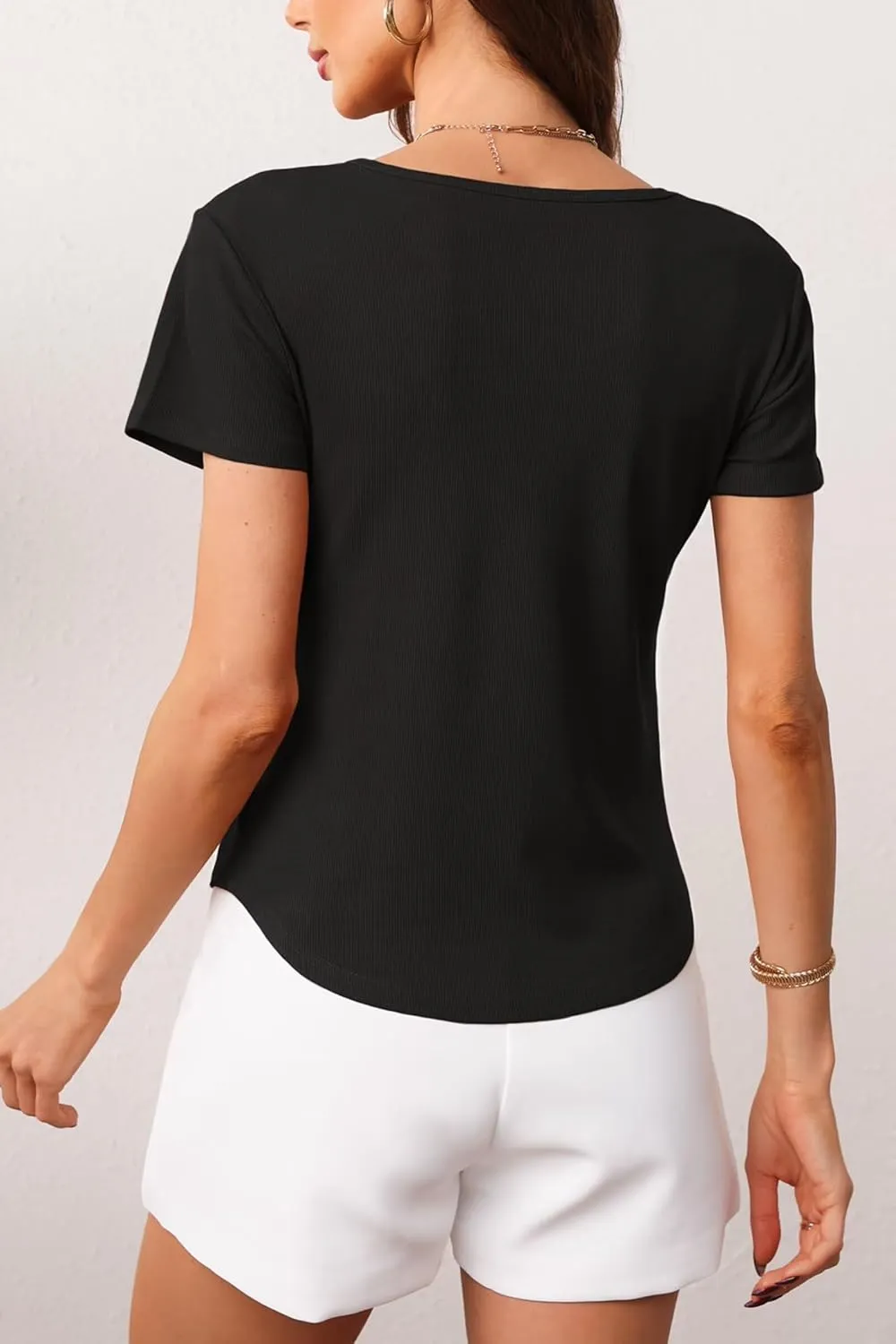 Womens T Shirts Short Sleeve V Neck Tees Basic Tshirts Ribbed Casual Top