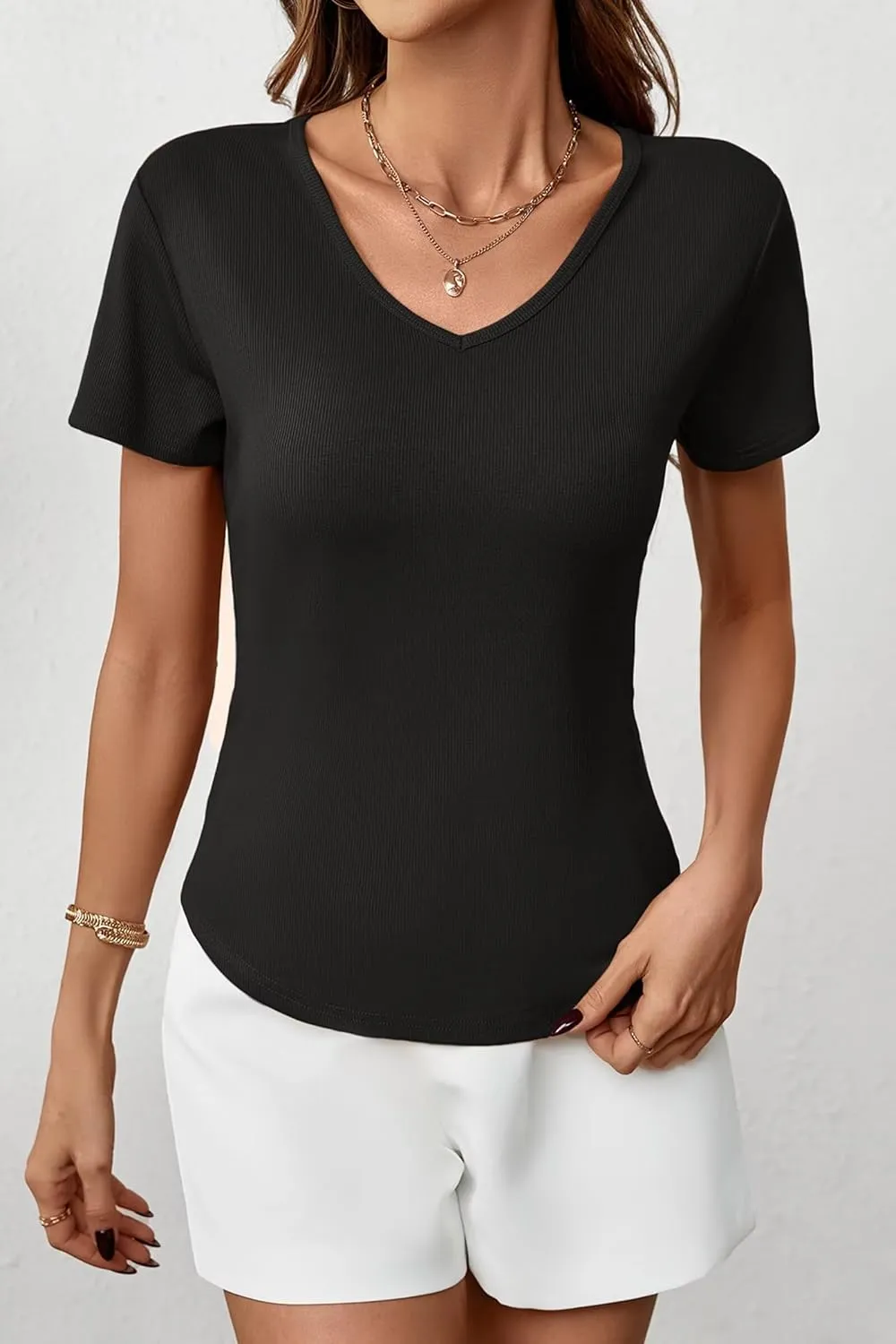 Womens T Shirts Short Sleeve V Neck Tees Basic Tshirts Ribbed Casual Top