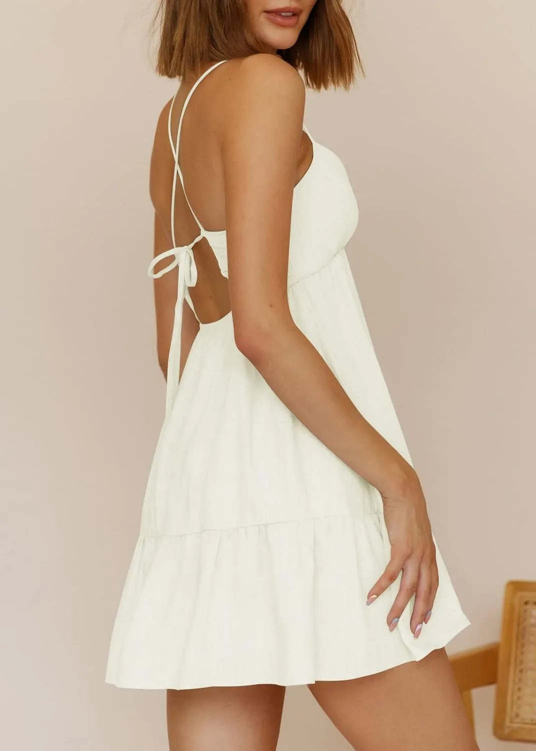 Womens V Neck Crisscross Backless Dresses Tie Back Sleeveless Ruffle Hem Flowy Swing A-Line Vintage Summer Mini Dress