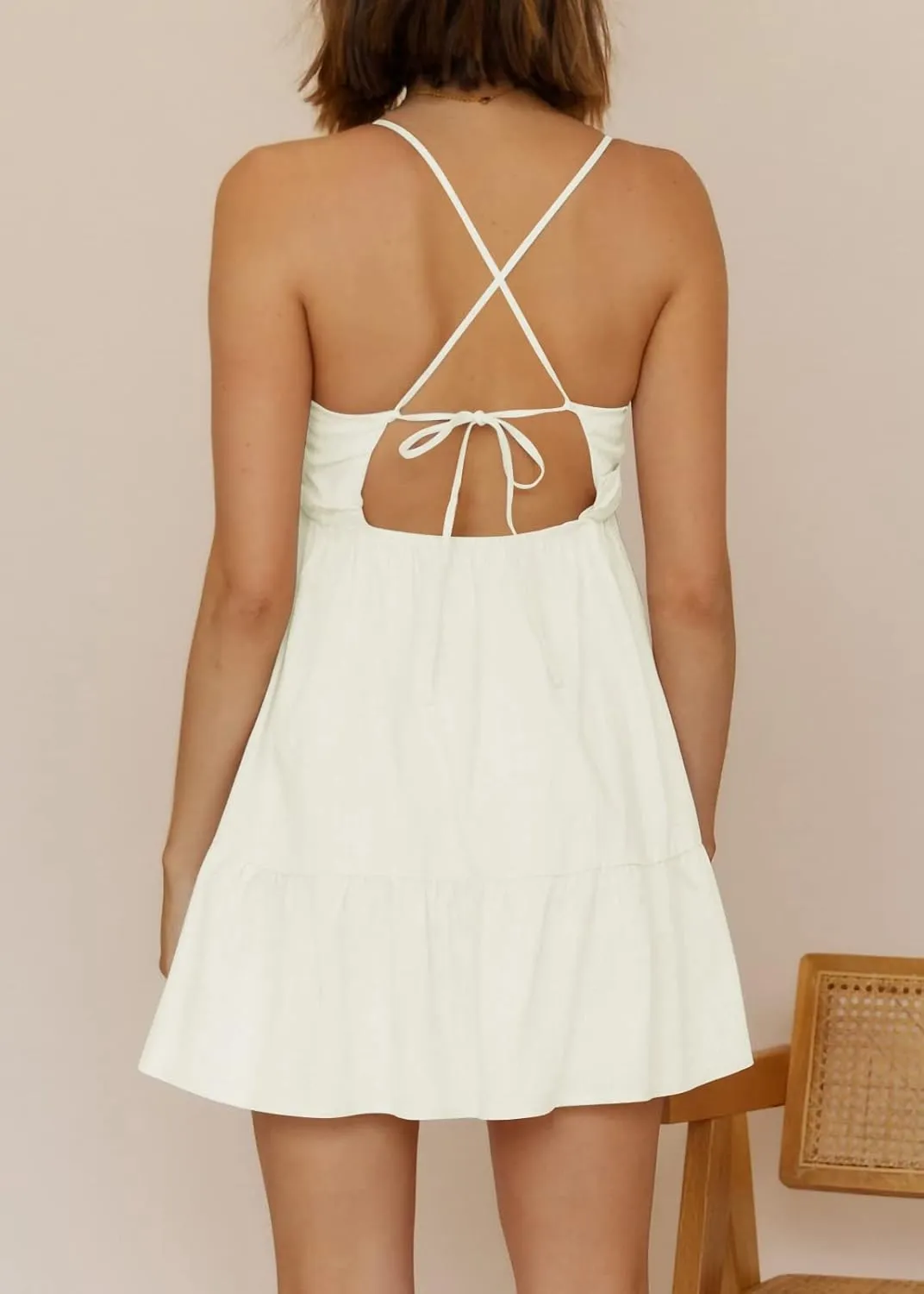 Womens V Neck Crisscross Backless Dresses Tie Back Sleeveless Ruffle Hem Flowy Swing A-Line Vintage Summer Mini Dress
