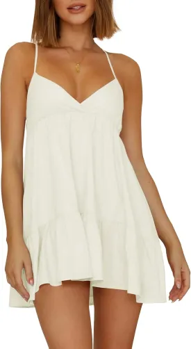 Womens V Neck Crisscross Backless Dresses Tie Back Sleeveless Ruffle Hem Flowy Swing A-Line Vintage Summer Mini Dress