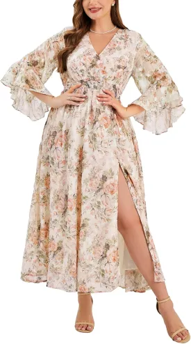 Women's V Neck Floral Dress Bell Half Sleeve Smocked Waist Side Split Flowy A Line Maxi Wedding Guest Dresses