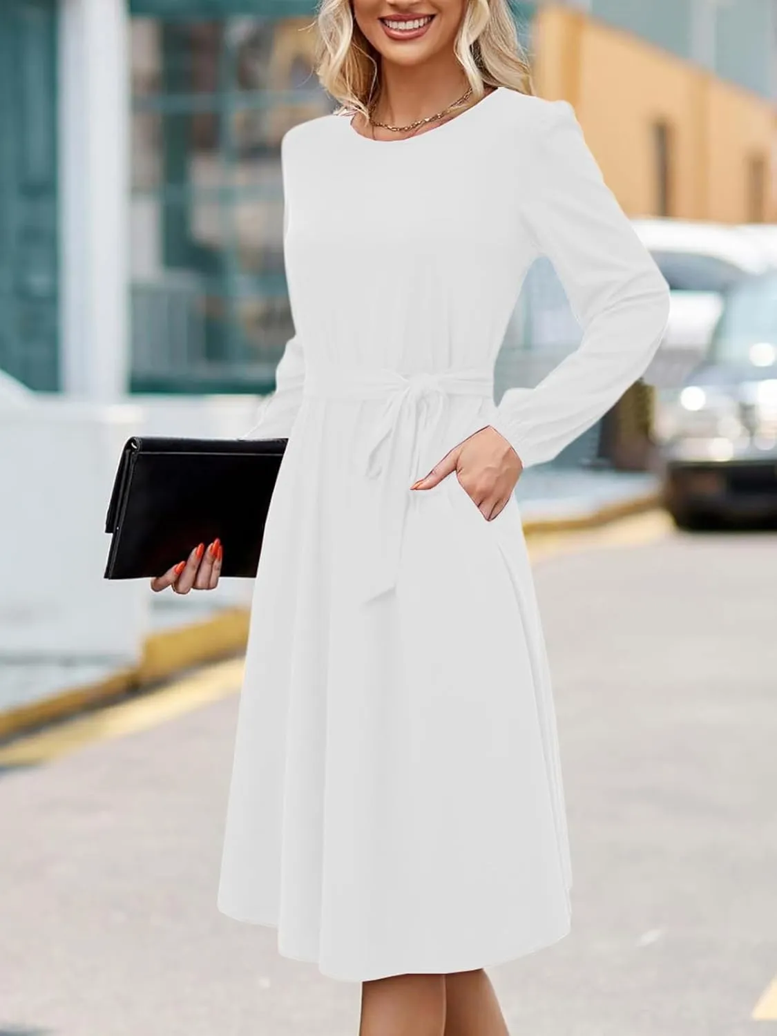 Women's Winter Long Sleeve Crewneck Dress Casual Belted A Line Flowy Business Work Teacher Midi Dresse