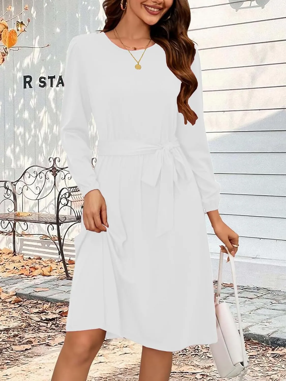 Women's Winter Long Sleeve Crewneck Dress Casual Belted A Line Flowy Business Work Teacher Midi Dresse