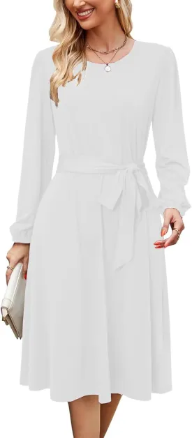 Women's Winter Long Sleeve Crewneck Dress Casual Belted A Line Flowy Business Work Teacher Midi Dresse