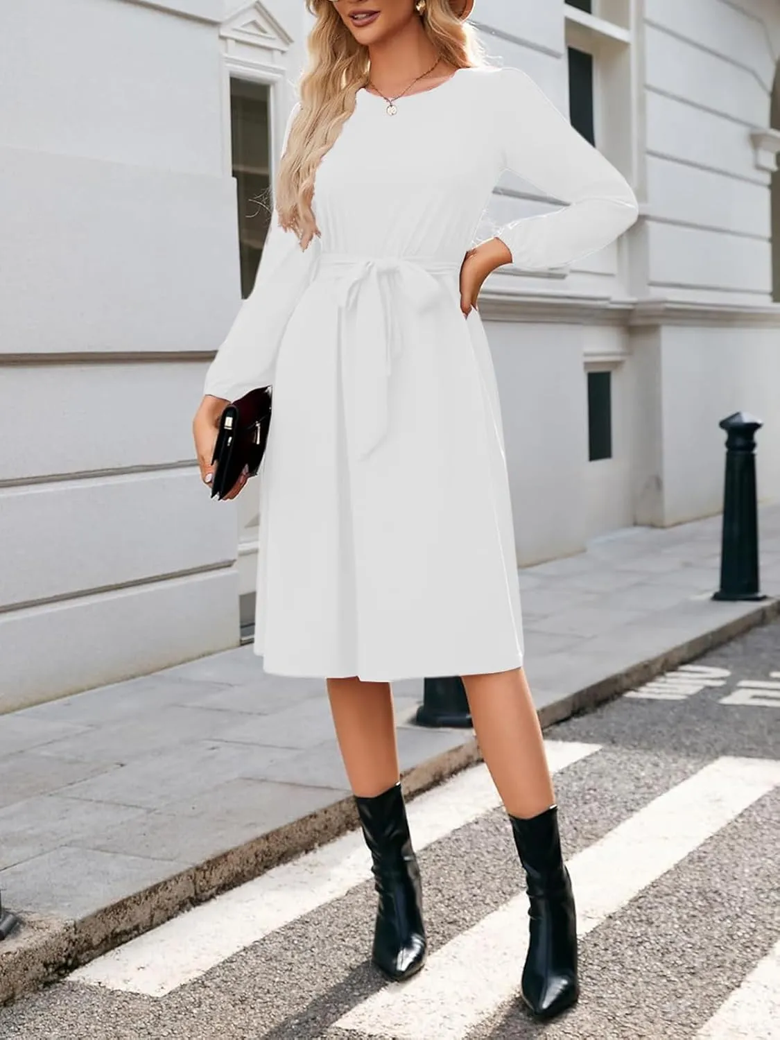 Women's Winter Long Sleeve Crewneck Dress Casual Belted A Line Flowy Business Work Teacher Midi Dresse