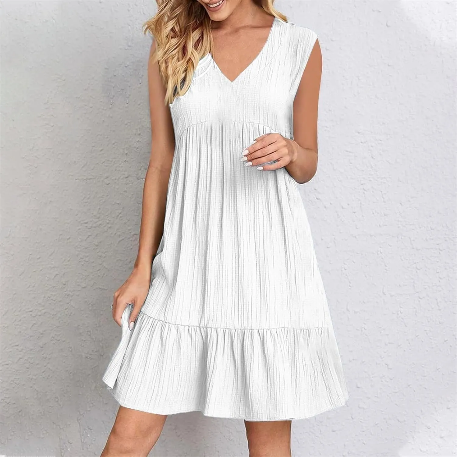ZEFOTIM Sundresses for Women Spring Simple Sleeveless Floral Mini Dress V Neck Ruffle Hem Dresses