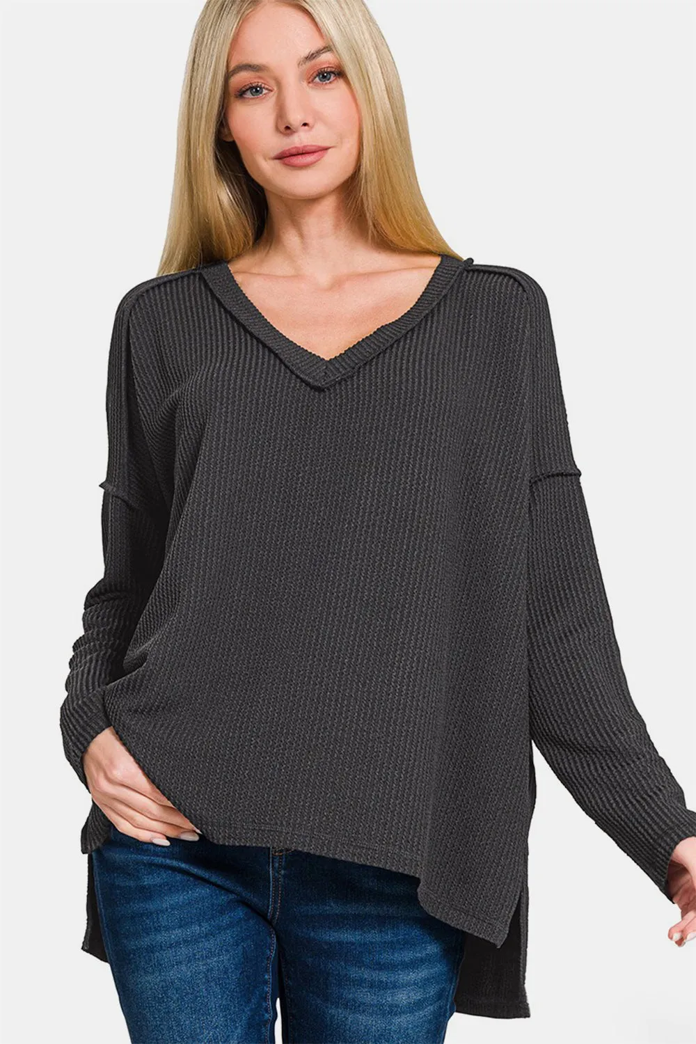 Zenana Black Ribbed Exposed Seam V-Neck Long Sleeve Top