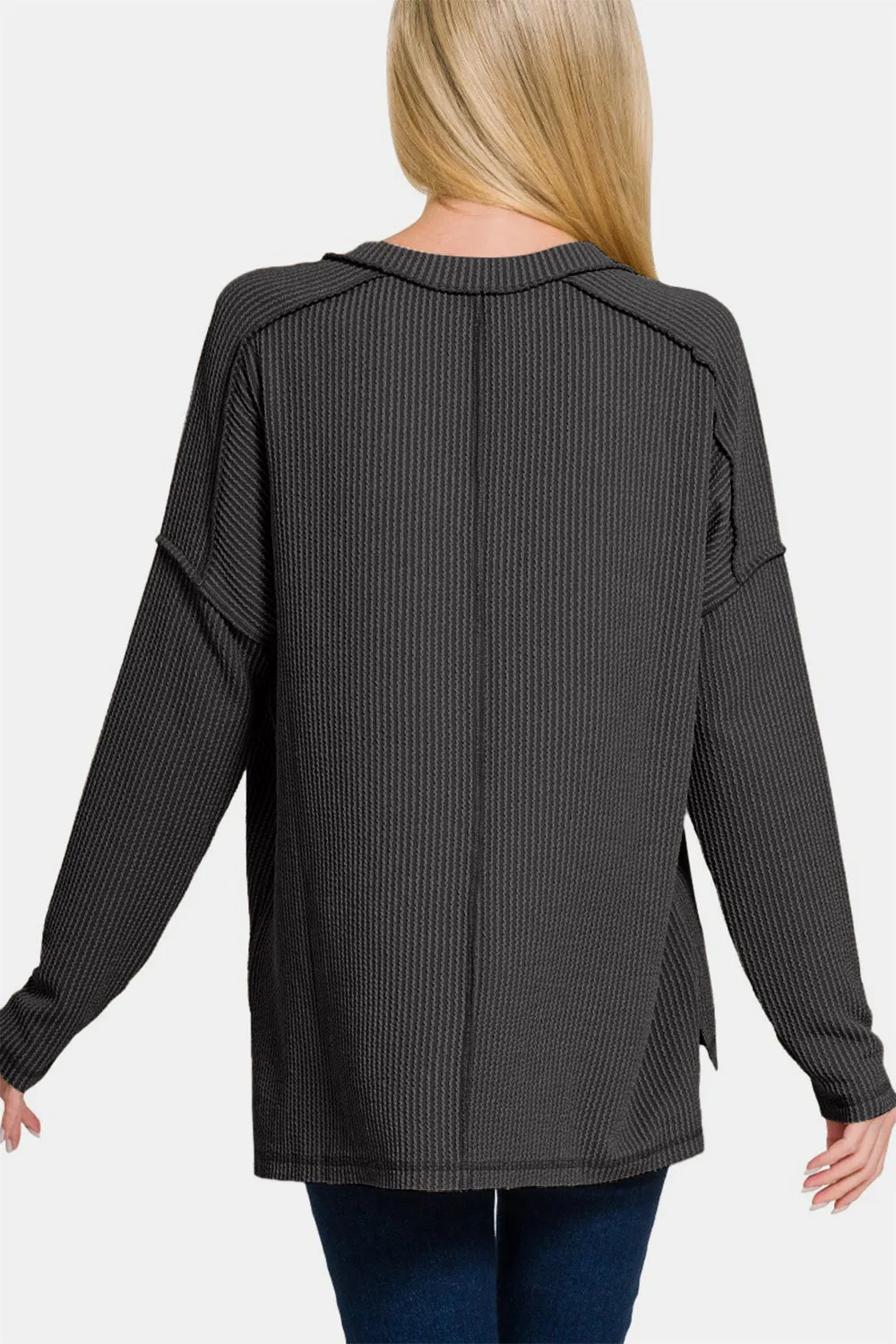 Zenana Black Ribbed Exposed Seam V-Neck Long Sleeve Top