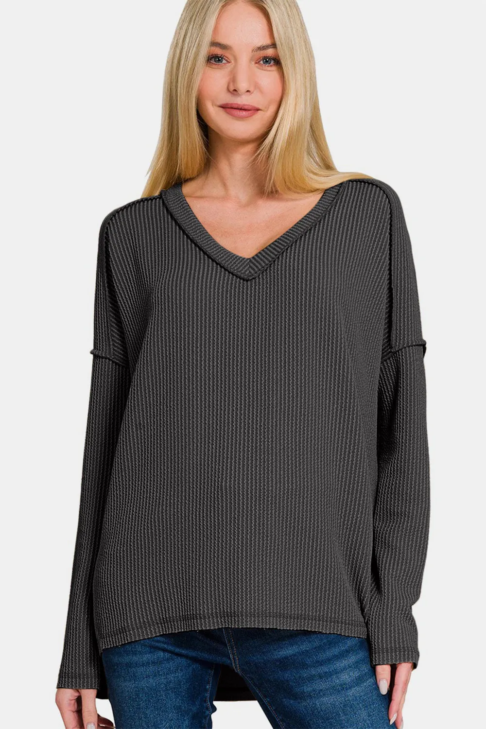 Zenana Black Ribbed Exposed Seam V-Neck Long Sleeve Top