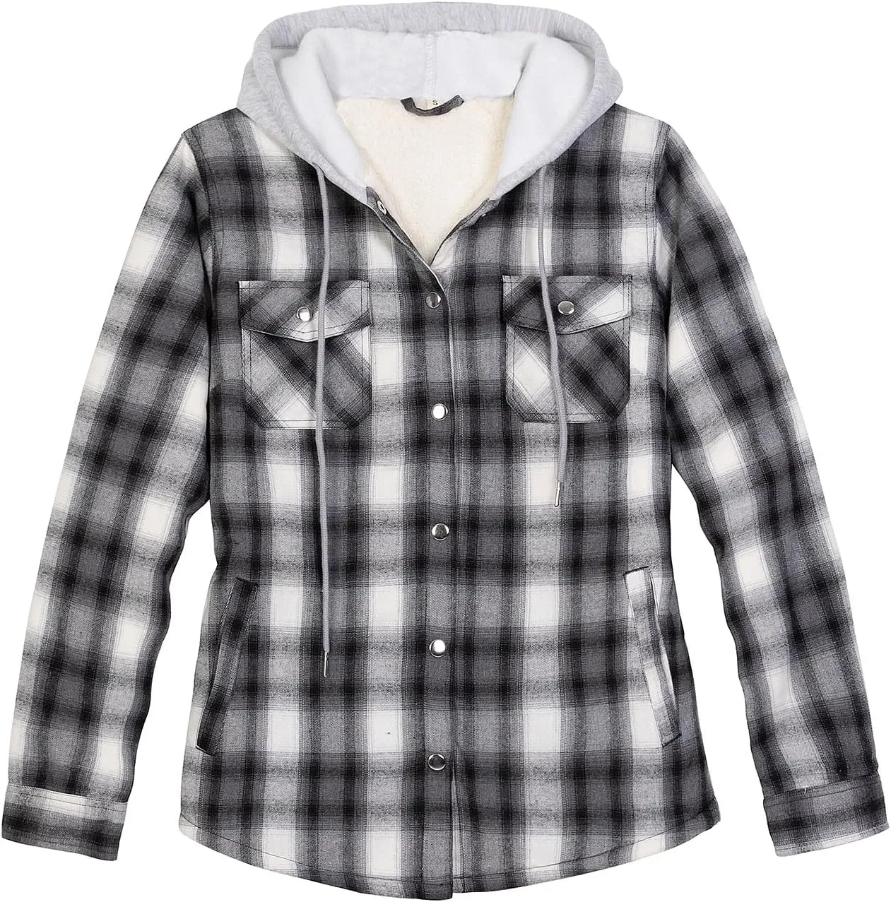 ZENTHACE Women's Flannel Shirt Jacket with Hood,Sherpa Lined Plaid Shacket Jackets,Snap Button Front