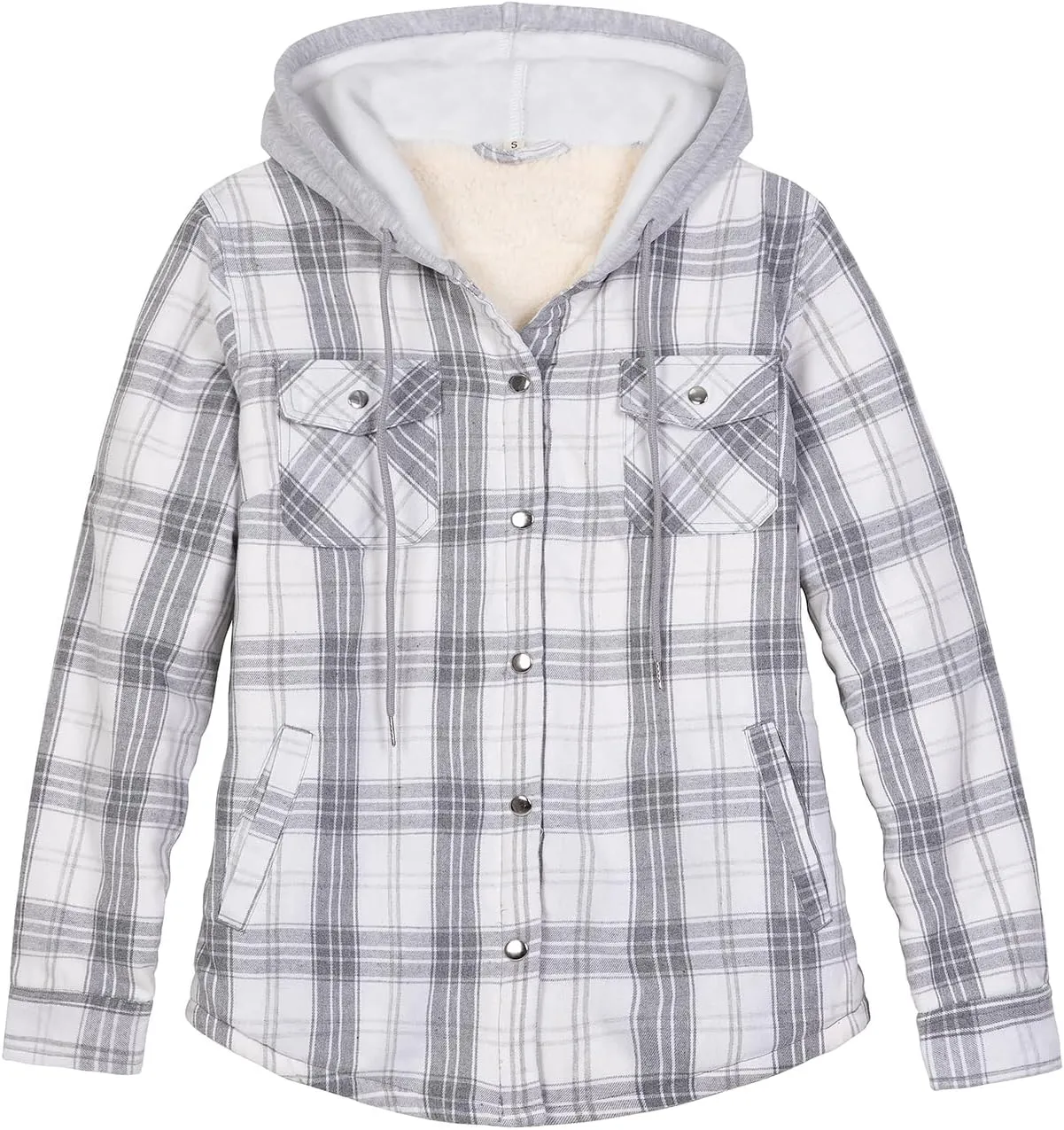 ZENTHACE Women's Flannel Shirt Jacket with Hood,Sherpa Lined Plaid Shacket Jackets,Snap Button Front